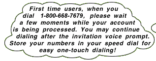 Dialing Instructions: to place a call, dial 1-800-668-7679 wait for a bong, dial country code, area code, phone number